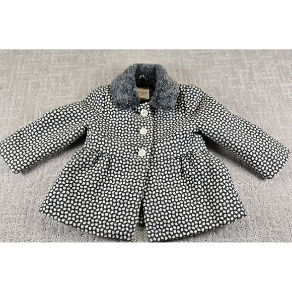 Cat & Jack Other - Cat & Jack Gray Polka Dot Peacoat Girls Size 18M Faux Fur Collar Pockets Winter
